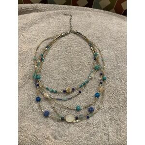 Chicos Multi Strand Beaded Necklace Blue Turquoise Gold Layered Statement